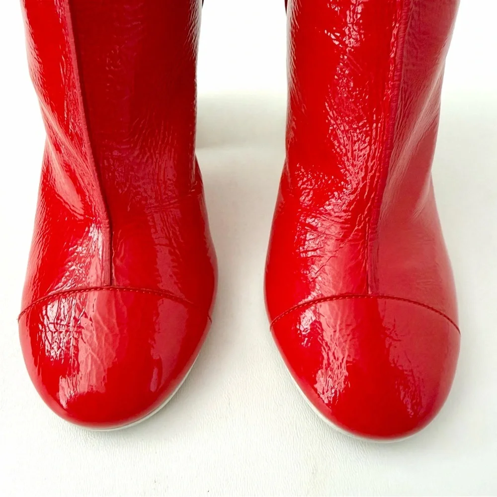 CHANEL | Red Patent Leather CC Logo Block Heel Ankle Boots EU 37.5